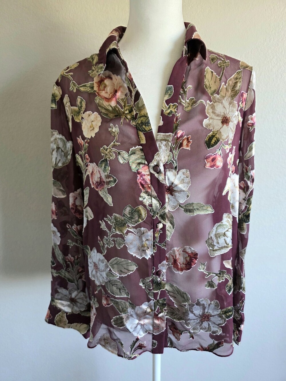 Alice + Olivia Blouse Top Wine Floral Burnout Viscose Silk Blend Flowy Size M